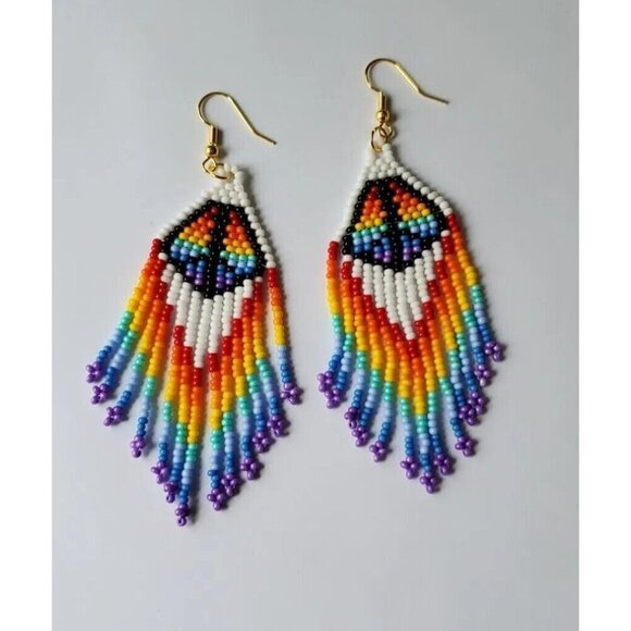 Handcrafted Rainbow Beaded Dangle Earrings Pride LGBTQ Peace Hippie Boho - Picture 1 of 2